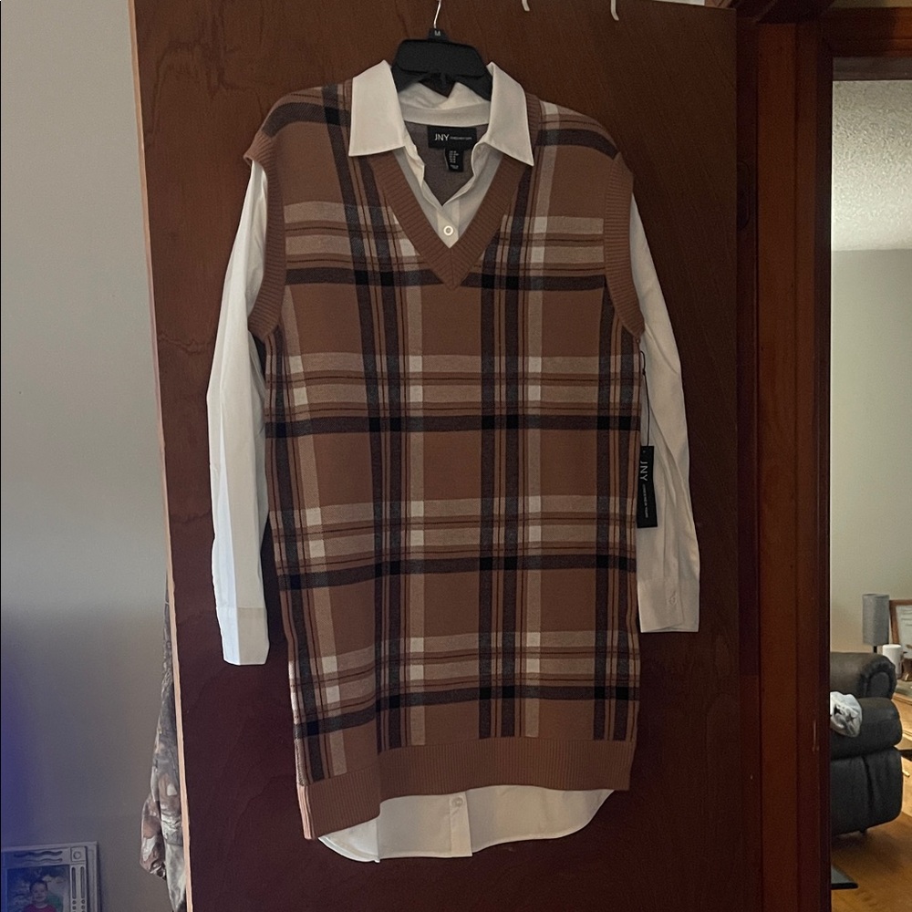 Jones New York Brown Plaid Long Sleeve Dress